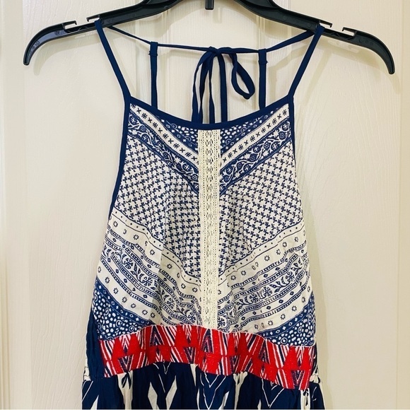 Japna New Size M Halter Style Maxi Dress Rayon Blue Cream Red Aztec Boho Print - Picture 7 of 10